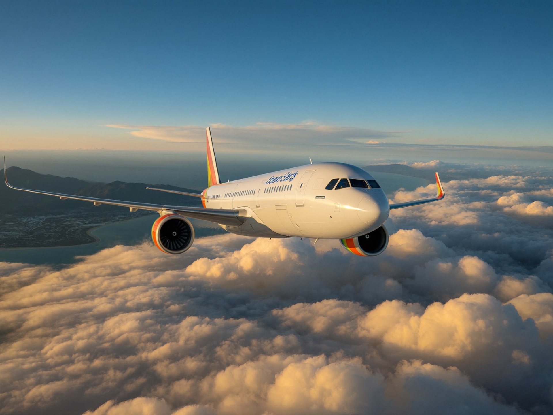 Commercial aircraft above clouds at sunset